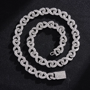 Iced out silver Cuban link chain necklace and bracelet set with infinity 8 design