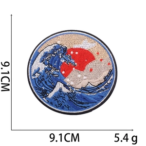 Classic Great Wave embroidery patch with Mount Fuji and sun, 9.1cm iron-on badge