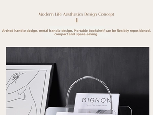 Detail of acrylic magazine rack with arched silver metal handle and minimalist design