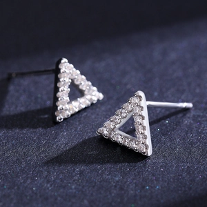 Polished S925 sterling silver triangle stud earrings with sparkling white zircon stones