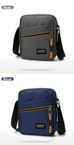 Detailed comparison of grey and blue nylon crossbody bags with orange zipper pulls