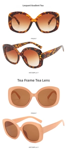 Front and 45-degree angle views of leopard tortoise and light tea oval sunglasses