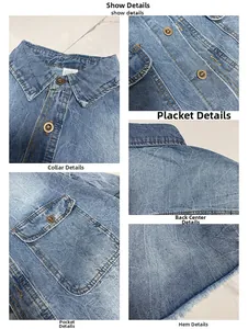 Detail of washed denim shirt featuring vintage metal buttons and raw hemline