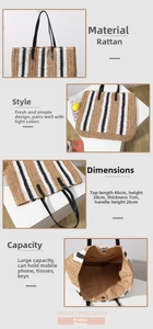 Detailed view of striped straw tote bag showing dimensions 46cm wide and woven texture