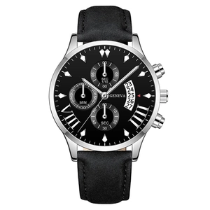 Classic men's Geneva business watch with black leather strap and silver case