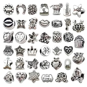 Antique Silver Alloy Large Hole Beads Charms For DIY Jewelry Making Bracelet Necklace Mixed Shapes Retro Style