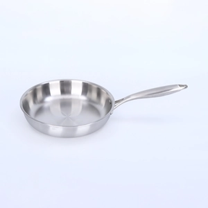 Professional 3-layer stainless steel frying pan with long handle on white background