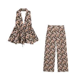 Damen Halterneck Deep V Rückenfreies Top Und Gerade Hose Floral Print Geziertes Polyester Urlaubs Outfit
