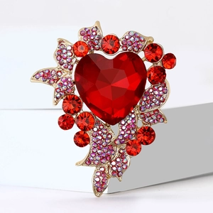 Luxury gold alloy heart brooch with red gemstone and pink rhinestone leaf details