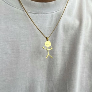 Golden stickman smile pendant necklace on Cuban chain for women with a funny doodle design
