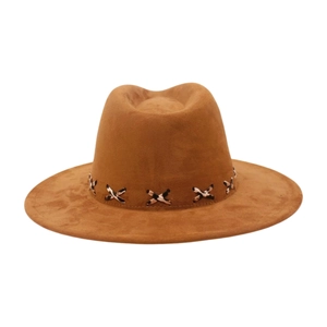 Detail of brown fedora hat with decorative cross-stitch band and wide flat brim