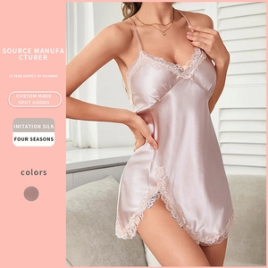 Women Satin Nightdress Ice Satin Lace Trim V Neck Backless Cross Straps Sexy Sleepwear Loungewear Elegant Chemise