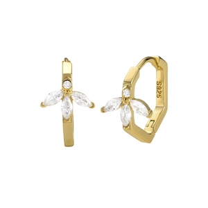 Detailed view of S925 sterling silver hexagonal gold hoops with marquise floral crystals