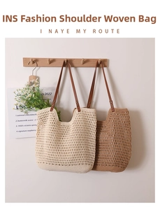 Detailed close-up of hollow out woven cotton beach bag with slim leather straps