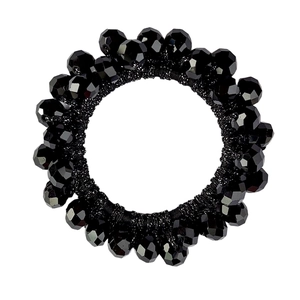 Detail showing faceted black crystal beads and elastic hair tie for stylish ponytails