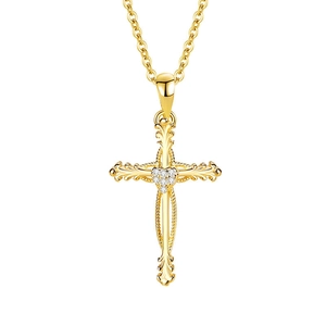 Elegant gold cross pendant necklace with heart-shaped diamond inlay on white background