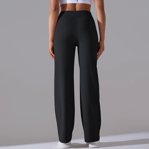 Rear view of black high-waisted wide-leg yoga pants with premium elastic fabric
