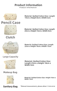Size guide for quilted cotton heart pouches including pencil case and makeup bag dimensions