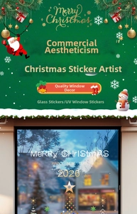 Detail of UV printed Merry Christmas window stickers with Santa Claus and snowman motifs