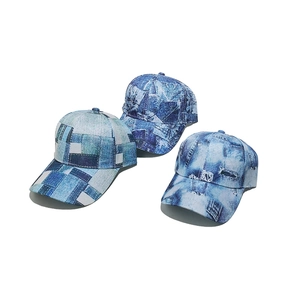 Three vintage denim baseball caps with patchwork and distressed details on white background