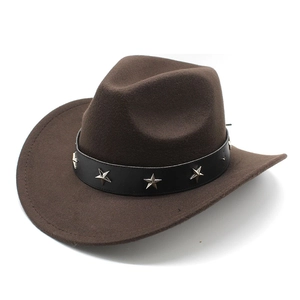 Brown western wool felt cowboy hat with leather band and silver star studs for men and women