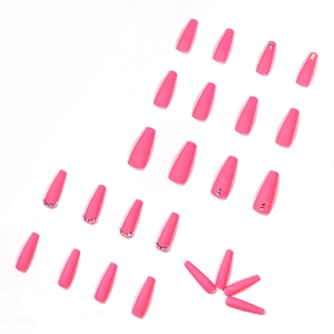 Long ballet matte neon pink press-on nails set with sparkling iridescent rhinestones