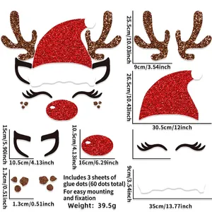 Kit adesivi natalizi per porta con corna di renna glitterate rosse e 60 punti colla