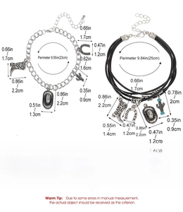 Detailed dimensions of Western-style bracelets with cowboy charms and alloy pendants
