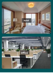 A 100ml reed diffuser shown in modern hotel room and open-plan office interior settings