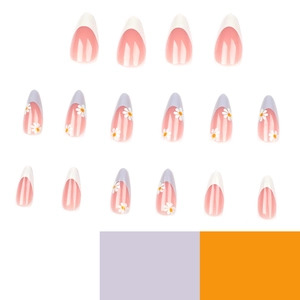 Almond shaped press-on nails with blue and white french tips and daisy patterns