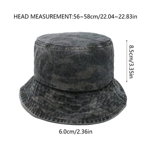 Detailed size chart for washed camouflage bucket hat showing brim and height dimensions