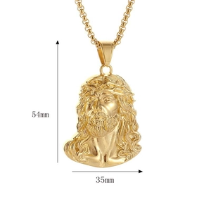 Detailed view of the gold plated Jesus head pendant with 54mm by 35mm size dimensions