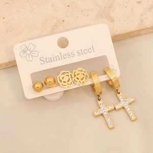 Detailed set of stainless steel earrings with gold studs, flowers, and cross pendants