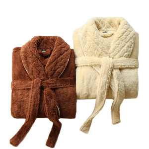 Thick coral fleece couple robes in dark brown and beige with woven texture collar