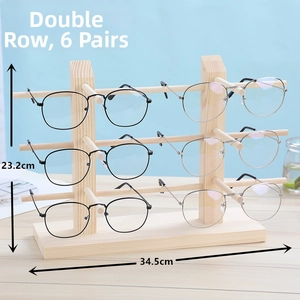 Detailed view of natural pine wood sunglasses display rack with a double-row 6-tier structure