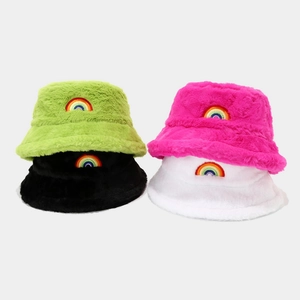 Women Plush Bucket Hat Faux Fur Rainbow Embroidery Warm Thickened Winter Outdoor Fashion Casual