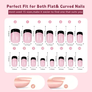 Size guide for French tip press-on nails with 15 sizes from 20.08mm to 14.65mm