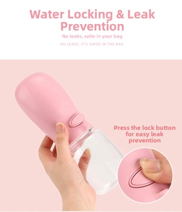 Close-up of pink portable pet water bottle with one-button operation and leak-proof lock