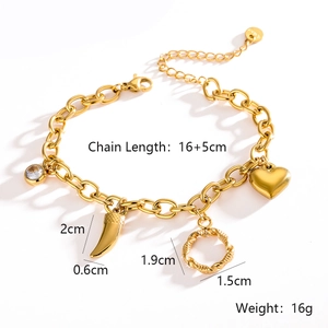 Detailed view of gold plated tree of life bracelet with various charms and size labels