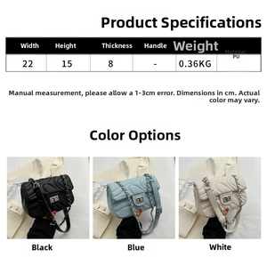 Detailed size chart for quilted PU leather crossbody bag with chain strap and V-pattern
