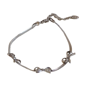 Elegant silver bow knot snake chain bracelet with three dimensional charms for women