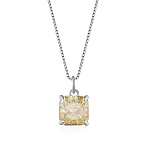 925 Sterling Silver necklace with cushion cut yellow gemstone pendant on white background