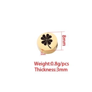 Polished gold stainless steel 8mm clover bead pendant with dimensions and weight info