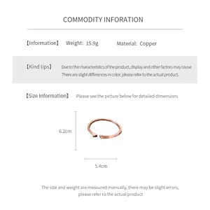 Detailed size chart showing copper open bangle dimensions 6.2cm height and 5.4cm width