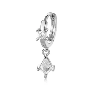 Square zircon hoop earrings in silver with 8mm inner diameter and geometric kite drop charm