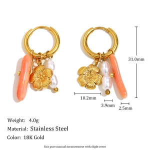 Detail showing 18K gold plated stainless steel earring dimensions with pearl and pink charm