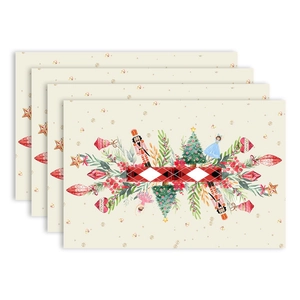 Set of 4 Christmas placemats with Nutcracker and snowflake watercolor designs for decor