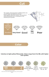 Moissanite diamond grading chart showing cut and color standards for S925 silver earrings