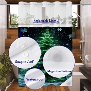 Detail of waterproof shower curtain with snap-in liner and magnetic bottom weights