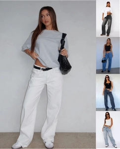 Collage of women high-waisted denim jeans and casual trousers in various trendy styles